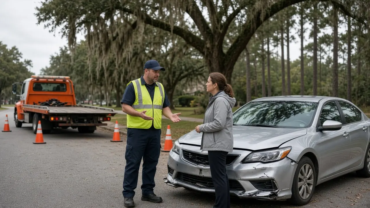 After a Montgomery roadside stop, a woman and a man stand with a silver sedan while a yellow-and-black tow truck is parked behind them
