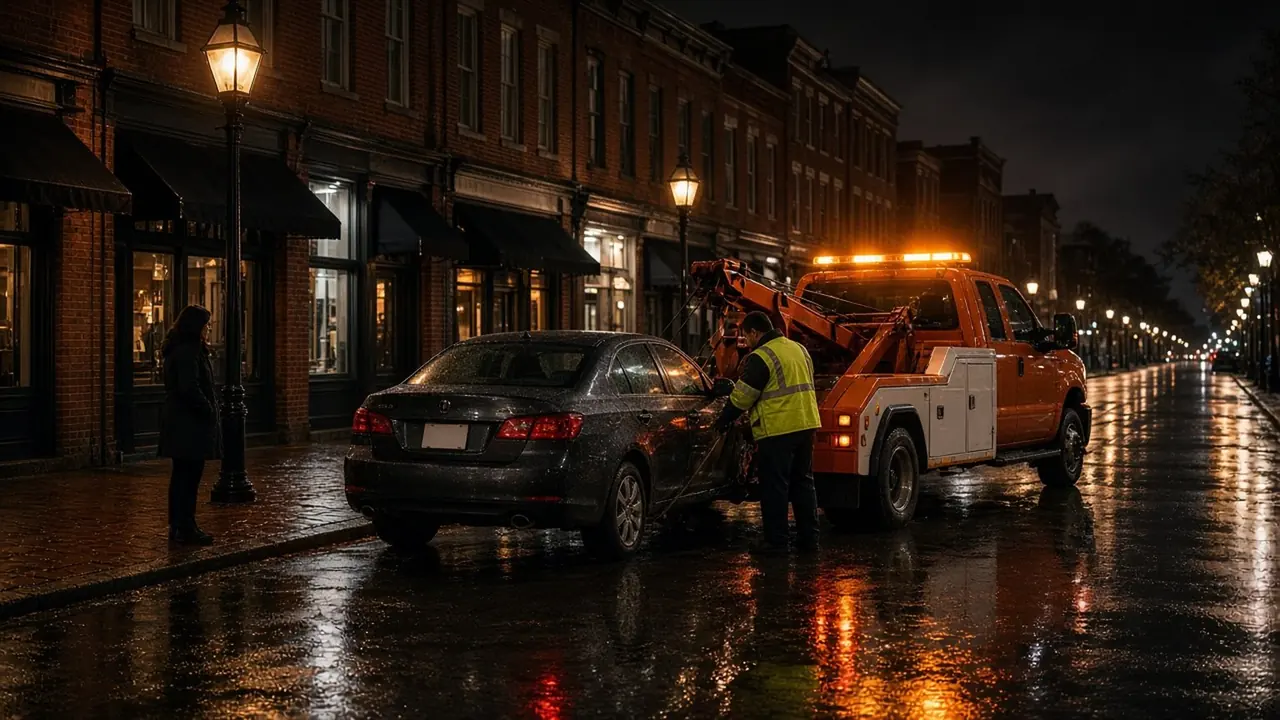 A woman in a blue jacket and a man wait on a Montgomery shoulder beside a silver sedan as a yellow-and-black tow truck arrives with its lights on