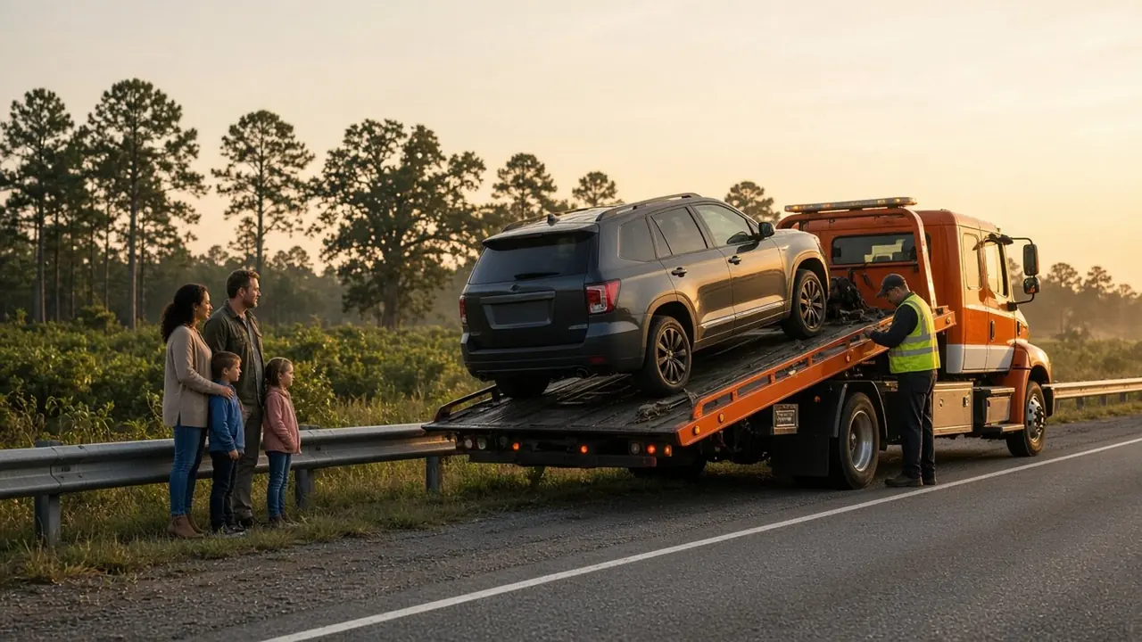 Montgomery roadside: a woman in a blue jacket and a man in a dark shirt stand beside a silver sedan while a yellow-and-black tow truck waits behind them