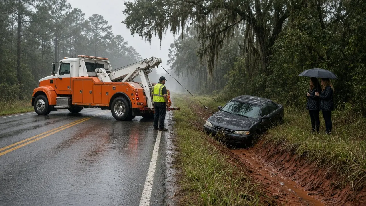 On a Montgomery shoulder, a woman and a man watch a yellow-and-black tow truck run a cable out to a silver sedan that has left the pavement